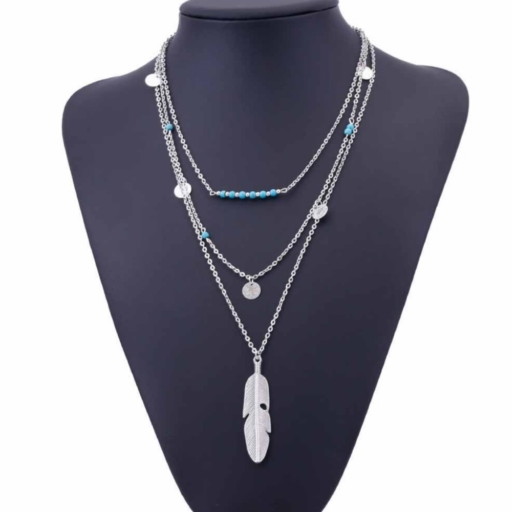 3 Layer Feather Necklace Silver Teal Turquoise